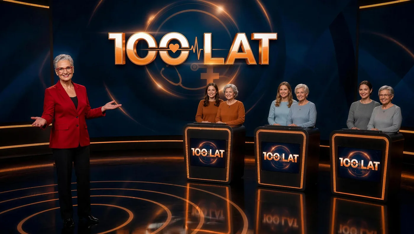 Wizualizacja studia teleturnieju: trzy pary uczestników przy oświetlonych pulpitach, w tle logo programu na ekranie LED